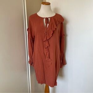 Linen Blend Rust Ruffle Long Sleeve Dress